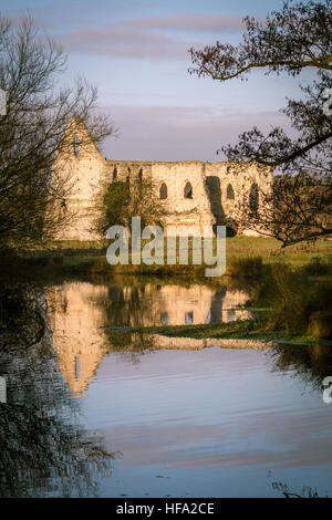 Rovine di Newark Priory con riflessi nel fiume Wey, nel Surrey, Regno Unito. Foto Stock