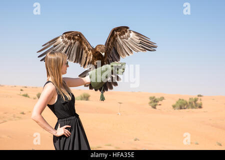 Maggiore maculato (Aquila clanga clanga) durante un deserto spettacolo di falconeria in Dubai, UAE. Foto Stock