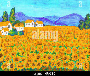 Dipinto a mano foto, acrilico, paesaggio estivo campo con girasoli. Foto Stock