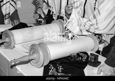 La lettura della Torah scrolls Foto Stock