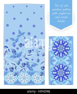 Set di lamponi blu verticale perfetta design floreale e ornati in frontiera. Il bordo può essere utilizzato come un indipendente seamless pattern. Utilizzare tessuto per abiti, biancheria da letto, web design, carta da parati ecc. Illustrazione Vettoriale