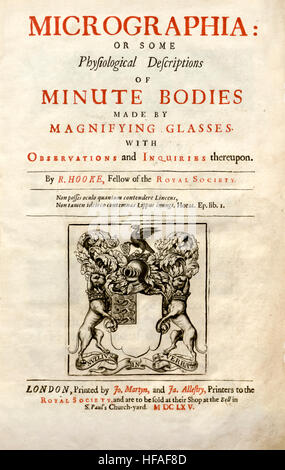 Pagina del titolo di 'Micrographia' da Robert Hooke (1635-1703), pubblicato nel 1665 circa le sue osservazioni attraverso un microscopio. Caratteristiche i bracci di una comunione di molti dei più eminenti scienziati e la più antica Accademia scientifica in continua esistenza. Foto Stock