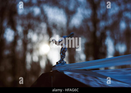Rolls Royce Silver Cloud spirito di estasi mascotte auto in inverno, close up Foto Stock