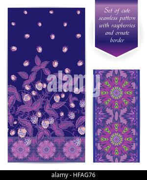 Estate seamless modello di confine con lampone foglie e bacche. Ornano la bordatura set. Il bordo può essere utilizzato come un indipendente seamless pattern. Utilizzare tessuto abbigliamento, biancheria da letto, web design, carta da parati ecc. Illustrazione Vettoriale