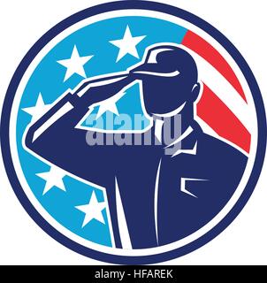 Illustrazione di un soldato americano silhouette veteran salutando insieme all'interno del cerchio con la bandiera degli stati uniti a stelle e strisce in background fatto rétro s Illustrazione Vettoriale