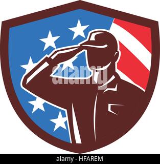 Illustrazione di un soldato americano silhouette veteran salutando insieme all'interno della protezione cresta con bandiera degli stati uniti a stelle e strisce in background fatto in r Illustrazione Vettoriale