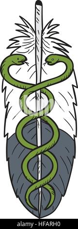 Schizzo di disegno illustrazione dello stile di un medico di snake intrecciate in eagle feather visto dal lato anteriore impostato su isolato sullo sfondo bianco. Illustrazione Vettoriale