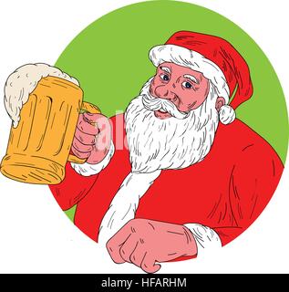 Schizzo di disegno illustrazione dello stile di Santa Claus sorridente rivolta verso il lato anteriore tenendo la tazza di bere birra insieme all'interno del cerchio su sfondo isolato. Illustrazione Vettoriale