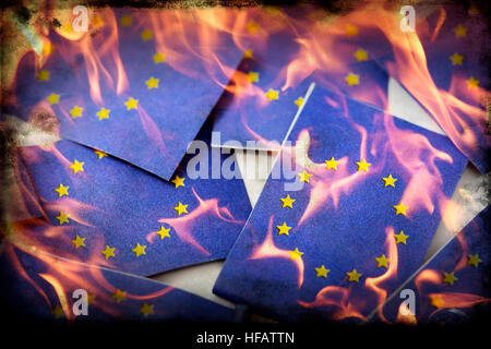 Bruciando bandiere dell'UE Foto Stock