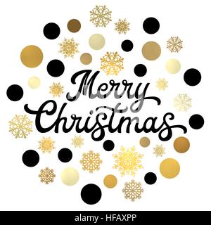 Buon Natale nero scritte a mano l'iscrizione. Xmas frame con il pattern oro e cerchi neri e fiocchi di neve. Inverno design tipografia per biglietto di auguri Modello. Font illustrazione vettoriale. Illustrazione Vettoriale