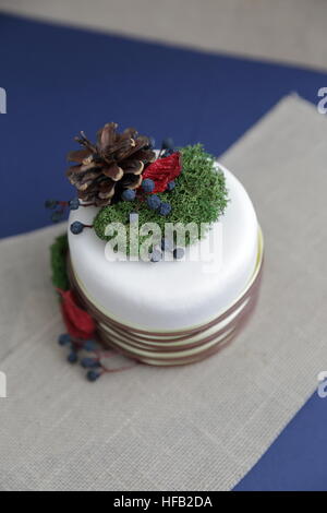 Fake torta con decorazioni di Natale su sfondo blu Foto Stock