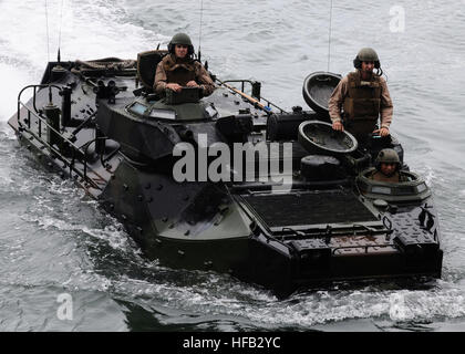 Marines assegnato al quarto assalto anfibio battaglione guide un assalto anfibio veicolo verso il bene del ponte della multi-purpose Amphibious Assault nave USS Bataan. Bataan sta conducendo una guerra anfibio certificazioni al largo delle coste della Virginia. (U.S. Navy foto/Petty Officer 2a classe Julio Rivera) 100928-N-7508R-163 (5041667939) Foto Stock