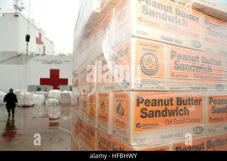 110331-N-NY820-087 NORFOLK (31 marzo 2011) Girl Scout cookies donata attraverso la truppa al programma di truppe dalla Girl Scouts del consiglio di agrumi nella Florida Centrale sono caricati sul militare comando Sealift nave ospedale USNS Comfort (T-AH 20). Sei mila scatole di cookie sono stati donati. Il comfort è in Norfolk per allestimento finale personale e imbarco in preparazione per continuare la promessa 2011 (CP11), a cinque mesi di assistenza umanitaria missione di nove paesi dei Caraibi, America Centrale e Sud America. (U.S. Foto di Marina di Massa lo specialista di comunicazione 2a classe Eric Tretter/Re Foto Stock
