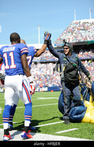 Il bufalo, N.Y. (Sett. 16, 2012) un membro dell'U.S. Navy parachute team di dimostrazione, il salto delle rane, saluta i membri della Buffalo Bills dopo lo sbarco sul campo di calcio a Ralph Wilson Stadium per commemorare il bicentenario della guerra del 1812. Questo evento coincide con Buffalo Navy settimana 2012, uno dei 15 firma gli eventi programmati in tutta l'America nel 2012. Il giro evento commemora il bicentenario della guerra del 1812, il servizio di hosting di membri da Stati Uniti Navy, Marine Corps, Guardia Costiera e Royal Canadian Navy. (U.S. Foto di Marina di Massa lo specialista di comunicazione 1a classe Elisandro T. diam. Foto Stock