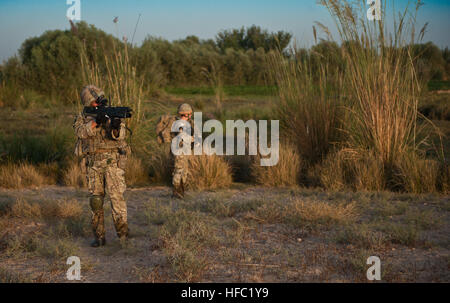 Soldati britannici dalla luce del Reggimento di Artiglieria reale, 29 Commando 3 Commando Brigade, attaccato al Bravo Company, primo battaglione di fucili a canna rigata, controlli del loro settore mentre il pattugliamento attraverso terreni coltivati in Nahr-e Saraj distretto, provincia di Helmand, Sett. 13. Ventinovesima Commandos operazioni di finitura nella provincia di Helmand 110913-N-TH989-031 Foto Stock