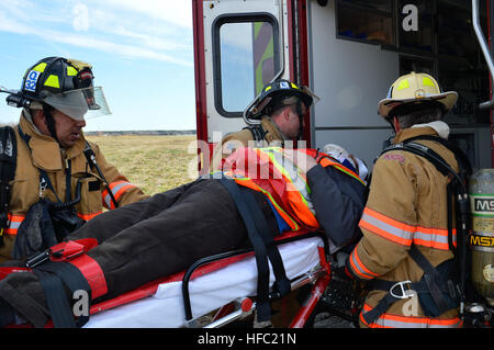 I vigili del fuoco dal Navy Regione Mid-Atlantic Fuoco e i servizi di emergenza caricare un trapano partecipante in una ambulanza come parte di un materiale pericoloso risposta esercizio di formazione alla Naval Air Station Oceana in Virginia Beach, Virginia, Marzo 20, 2013. Lo scopo dell'esercizio era di migliorare il coordinamento tra Virginia Beach e la marina di prima emergenza. (U.S. Foto di Marina di Massa lo specialista di comunicazione di terza classe Preston Paglinawan) Hazmat risposta esercizio 130320-N-LN619-120 Foto Stock