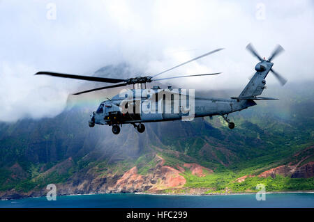 Un MH-60S Sea Hawk, assegnato al 'Cavalieri Neri' di elicottero di mare squadrone di combattimento (HSC) 4, imbarcato sulla portaerei USS Ronald Reagan (CVN 76), partecipano in esercizio in elicottero al largo della costa della isola hawaiana di Kauai durante il cerchio del Pacifico (RIMPAC) Esercizio 2014. Ventidue nazioni, più di 40 navi e sei sommergibili, più di 200 aerei e 25.000 personale partecipano RIMPAC esercizio dal 26 giugno al 1 agosto, in e intorno alle isole hawaiane. Il più grande del mondo marittimo internazionale esercitazione RIMPAC offre una singolare opportunità di formazione che aiuta partici Foto Stock