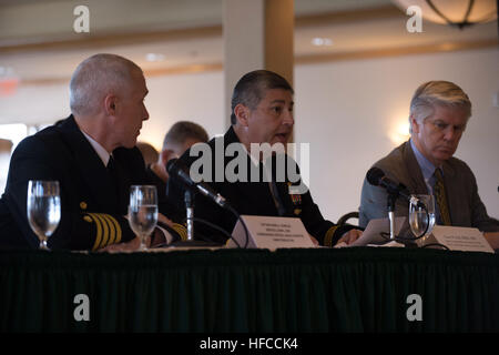 Da sinistra, U.S. Navy Capt. Mark A. Kobelja, comandante della Naval Hospital Camp Pendleton; posteriore Adm. Victor W. parete, vice comandante della Marina militare occidentale della medicina e vice corps capo del Servizio medico Corps; e il dottor Robert M. Smith, capo del personale della Veterans Affairs San Diego sistema sanitario, parlare ai militari di compensazione e di pensione di ammodernamento Commissione (MCRMC) nel corso di una audizione pubblica presso l'hotel Hilton San Diego su Harbour Island a San Diego, California, 26 marzo 2014. Il MCRMC condotta l'audizione per sollecitare commenti sulla modernizzazione dei militari e di compensazione retireme Foto Stock