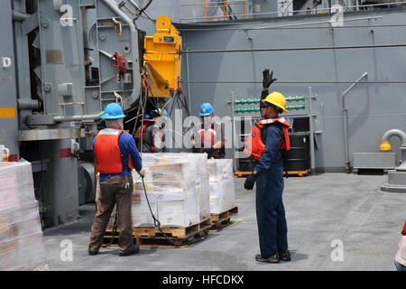 160419-N-IX266-013 USNS CHARLES DREW, in mare civile-naviganti con carichi secchi e munizioni nave USNS Charles Drew (T-AKE 10) preparare il carico che deve essere trasferito al missile destroyer USS Stockdale (DDG 106) durante un rifornimento in mare (RAS) Aprile 19. Il RAS si è verificato durante il transito dopo la multilaterale esercitazione navale di Komodo, che featured 35 marine attraverso la Indo-Asia-regione del Pacifico. (U.S. Foto della marina da Grady T. Fontana/RILASCIATO) MSC USNS Charles Drew condotta del rifornimento trilaterale in mare 160419-N-IX266-013 Foto Stock