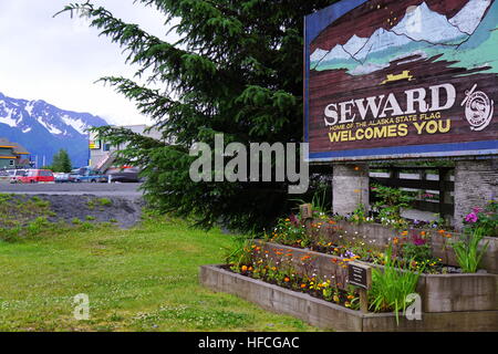 Cartello di benvenuto nella città di Seward, Alaska, Stati Uniti Foto Stock