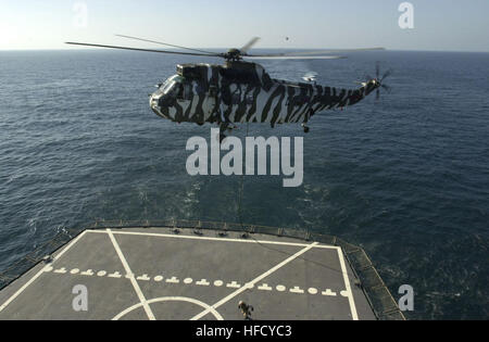 I membri del commando di 40 unità, d azienda Royal Marines, attualmente di stanza a bordo di HMS illustre, corda veloce sul ponte di USNS PECOS (TAO 197), feb 23, 2002. Royal Marines e U.S. Navy SEAL i membri del team sono stati che partecipano a una formazione di imbarco esercizio condotta a bordo USNS PECOS (TAO 197). HMS illustre è attualmente su un programmato sei mesi di distribuzione come parte di una multi-nazionale, forza di coalizione, a sostegno dell'Operazione Enduring Freedom. (U.S. Navy foto dal fotografo di Mate prima classe (AW/SW) Kevin H. Tierney) (rilasciato) Royal Marines Corda veloce dal mare re la USNS Pecos (T-AO Foto Stock