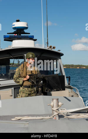 Master-at-Arms 2a classe Josh Rognlie, assegnato a Costiera squadrone fluviale (CORIVRON) 11, mans un .calibro 50 mitragliatrice durante una piccola barca approccio sulla punta nord Ford Island canale durante l'Orlo del Pacifico (RIMPAC) Esercizio 2014. Ventidue nazioni, 49 navi e sei sommergibili, più di 200 aerei e 25.000 personale partecipano RIMPAC dal 26 giugno al 1 agosto in e intorno alle Isole Hawaii e la California del Sud. Il più grande del mondo marittimo internazionale esercitazione RIMPAC offre una singolare opportunità di formazione che aiuta i partecipanti a promuovere e sostenere la cooperati Foto Stock