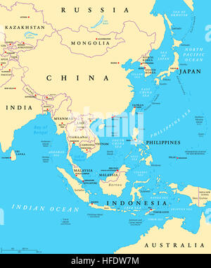 Oriente Asia mappa politico con capitelli e i confini nazionali. La provincia orientale del continente asiatico. Cina, Mongolia, Indonesia. Foto Stock