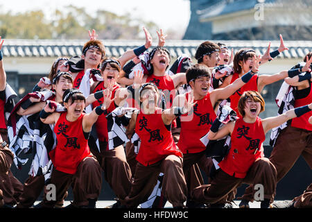 Giappone Kumamoto. Yosakoi Hinokuni Festival. Ballerini, giovani uomini e donne sul palco in uno yukata in camicie rosse, inginocchiata, gridando con braccio steso. Foto Stock