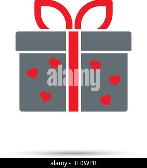 Confezione regalo Icona per il giorno di San Valentino. Cuori rossi sul presente con la prua. Illustrazione Vettoriale