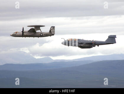 040629-N-5405H-055 Scozia (29 giugno 2004) - Un EA-6B Prowler assegnato al 'Rooks' di Attacco Elettronico uno squadrone tre sette (VAQ-137) vola in formazione con un E-2C Hawkeye assegnato al 'Screwtops' di Carrier Airborne Early Warning Squadron uno due tre (VAW-123) in Scozia. I due squadroni sono parte di Carrier aria Wing uno (CVW-1) imbarcato a bordo della USS Enterprise (CVN 65). Enterprise è uno dei sette aerei vettori coinvolti in estate 2004 impulsi. Impulso di estate 2004 è la distribuzione simultanea di sette aerei sciopero gruppi (CSGs), dimostrando la capacità della Marina a p Foto Stock