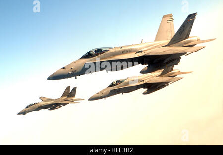 040814-F-6740T-124 iracheno lo spazio di aria (Agosto 14, 2004) - una coppia di F/A-18C calabroni assegnato al "Blu Blasters' di Strike Fighter Squadron tre quattro (VFA-34) e un F-14B Tomcat assegnato al "Jolly Rogers' del Fighter Squadron uno zero tre (VF-103) volare in formazione allentato sull'Iraq durante una missione di combattimento a sostegno dell'Operazione Iraqi Freedom (OIF). VFA-34 e VF-103 sono attualmente assegnati al vettore Air Wing diciassette (CVW-17), imbarcato a bordo della portaerei USS John F. Kennedy (CV 67). Stati Uniti Air Force photo by Staff Sgt. Lee O. Tucker (rilasciato) Navy US 040814-F-6740T-124 una coppia di F Foto Stock