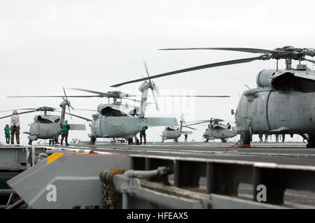 050312-N-9319H-010 Oceano Pacifico (Mar. 12, 2005) Ð sul ponte di volo a bordo della USS Nimitz CVN (68) SH-60 Seahawk aeromobile assegnati al ÒGunbearersÓ di elicottero di lottare contro lo squadrone di supporto 11 (HC-11) preparare per il trasporto di armi e materiali di consumo dai militari di comando Sealift (MSC) fast combattere la nave appoggio USNS Ponte (T-AOE 10) alla USS Nimitz CVN (68). Nimitz sta attualmente conducendo una Task Force comune di formazione (JTFX) esercizio al largo della costa della California del Sud. Stati Uniti Navy foto di PhotographerÕs Mate 3° di classe Angelo G. Hilbrands (rilasciato) Navy US 050312-N-9319H-010 sul ponte di volo a bordo della USS Foto Stock