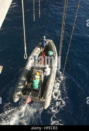 021208-N-0275F-506 Oceano atlantico (dec. n. 6, 2002) - posizione di marinai a scafo rigido barca gonfiabile (RHIB) sotto le linee di scimmia prima di essere issato torna a bordo della USS Theodore Roosevelt CVN (71) utilizzando uno a bordo della nave, dell gruette, dopo il completamento di una simulazione di un uomo in mare trapano. Theodore Roosevelt è in corso nell'Oceano Atlantico per nave su misura la disponibilità di formazione (TSTA). TSTA ha specifici eventi formativi progettati per aumentare in modo incrementale la nave della competenza operativa e integrare gradualmente l'aria ala con la nave. Stati Uniti Navy foto dal fotografo di Mate Airman Todd M. la pietra focaia. (Rilasciato) noi N Foto Stock