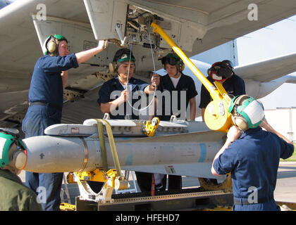 Naval Air Station, Sicilia (Mar. 27, 2003) -- Aeronautica Meccanica strutturale Airman Richard Brown da Jersey City, N. J., Aviation MachinistÕs Mate 3a Classe Alfredo Cosme da Jackson Heights, N.Y., Airman Yesenia Mora da Los Angeles, California, E Aviazione Ordnanceman Airman Josh Coker di Pelzer, S.C., tutti i membri della ÒTigersÓ di Patrol Squadron Eight (VP-8) assistono nel caricamento di un missile guidato AGM-65 Maverick Air to Surface sull'ala di un aereo P-3C Orion durante un esercizio di addestramento a NAS Sigonella. VP-8 è homeported fuori di Brunswick, Maine ed è currentl Foto Stock