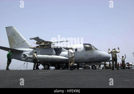 030604-N-2385R-001 Comando Centrale Area di Responsabilità (Jun. 4, 2003) -- il personale assegnato alla ÒDragonfiresÓ di mare Control Squadron ventinove (VS-29) iniziare la start-up verifiche su un S-3B Viking sul ponte di volo a bordo della USS Nimitz CVN (68). Nimitz Carrier Strike Force e Carrier aria Wing undici (CVW-11) sono distribuiti a sostegno dell'Operazione Iraqi Freedom, multi-nazionali della Coalizione sforzo per liberare il popolo iracheno, eliminare IraqÕs armi di distruzione di massa e la fine del regime di Saddam Hussein. Stati Uniti Navy foto di PhotographerÕs Mate 3° di classe Yesenia Rosas. (Rilasciato) Noi Nav Foto Stock