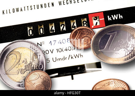 Misuratore di elettricità e di monete metalliche in euro: aumento dei costi di elettricità Foto Stock