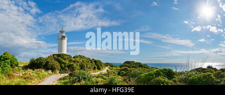 Faro, Panorama, Cape Foulwind marciapiede, Westport, West Coast, a Southland, Nuova Zelanda Foto Stock