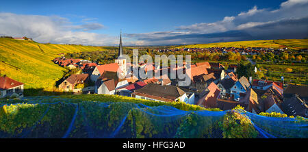 Escherndorf in autunno, vigneti, nuvole scure, Nordheim dietro, bassa Franconia, Franconia, Baviera, Germania Foto Stock