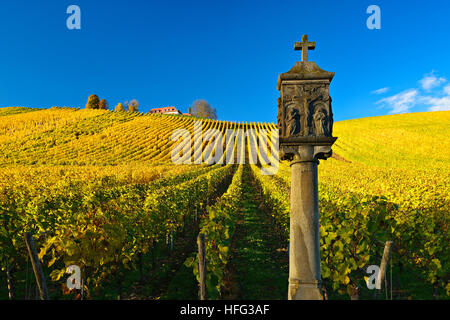 Santuario di vigneti in autunno, Volkach, bassa Franconia, Franconia, Baviera, Germania Foto Stock