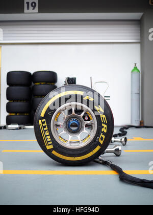 Formula One grand prix F1 Racing motor sport P Zero pneumatici ruote oro Pirelli striscia gialla Foto Stock