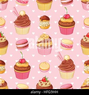 Tortine, amaretti, pasticcini e cuori vettore seamless pattern su sfondo rosa. San Valentino romantico decorazione. Illustrazione Vettoriale