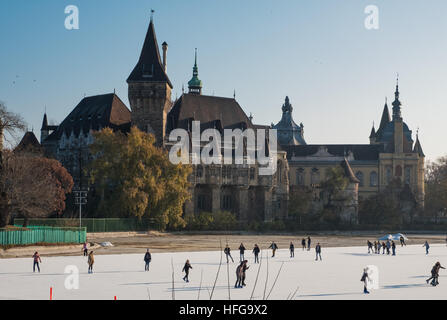 City Park pista di pattinaggio su ghiaccio e Castello Vajdahunyad, Budapest, Ungheria Foto Stock