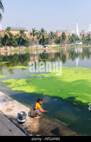 Kolkata (Calcutta, Kalkutta): BBD Bagh (Dalhousie Square) con bacino idrico e scrittori' edificio (con bandiera), West Bengal, Westbengalen, India Foto Stock