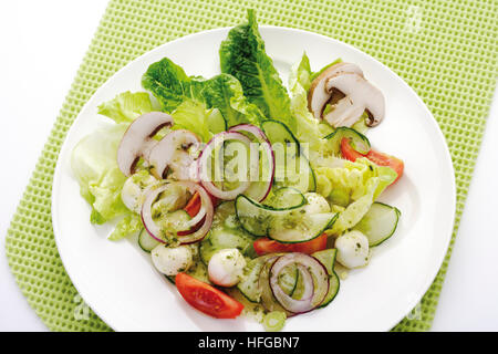 : Insalata di lattuga romana, funghi prataioli, pomodori, anelli di cipolla, cetriolo, mozzarella e condimento Foto Stock