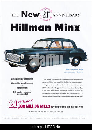 Anni Cinquanta annuncio pubblicitario dal vecchio originale vintage rivista inglese datato 1953 pubblicità per il gruppo Rootes Hillman Minx xxi anniversario Foto Stock