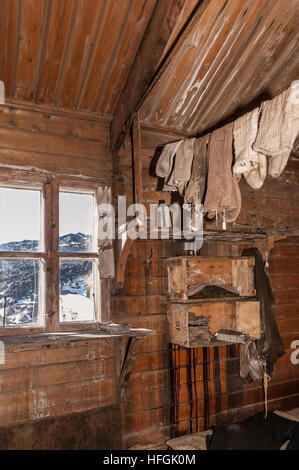 Servizio lavanderia dalla finestra, Shackleton Nimrod Expedition capanna, Cape Royds, Mare di Ross, Antartide. Foto Stock