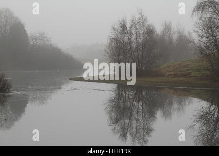 Londra, Regno Unito. 30 Dic, 2016. Riflessioni visto sul lago Alexandra in Wanstead Park su una nebbia 30 dicembre 2016 mattina. Temperature di congelamento hanno creato un freddo, nebbia e gelido inizio per molto di Inghilterra e Galles per un terzo giorno. Giallo avvisi di maltempo sono stati emessi dalla MET OFFICE. © David Mbiyu/Alamy Live News Foto Stock