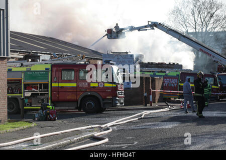 Magazzino incendio in Tottenham, a nord di Londra, Regno Unito. Il 2 gennaio 2017. Tottenham fire - 70 vigili del fuoco lungo con 10 motori affrontare un incendio in un'unità industriale su Bernard Road, Sette sorelle, Tottenham nel nord di Londra. Gli equipaggi dal Tottenham, Edmonton, Walthamstow, Stoke Newington, Holloway, Hornsey e Leyton stazioni antincendio presso la scena nel nord di Londra. © Dinendra Haria/Alamy Live News Foto Stock