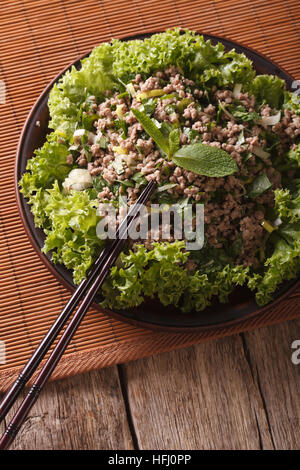 Cibo tailandese: laab Insalata di carne tritata con erbe di close-up su una piastra. In verticale Foto Stock