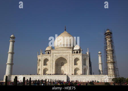 Patrimonio UNESCO monumento Taj Mahal ad Agra . È in fase di ristrutturazione con le riparazioni per il minareto Foto Stock